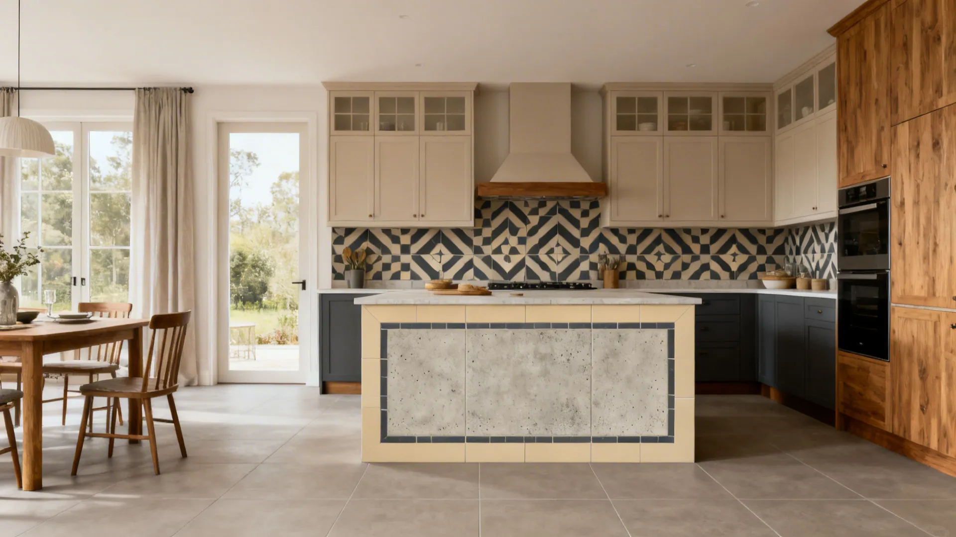 Framed patch of patterned cement-style porcelain under a breakfast counter with warm wood accents.