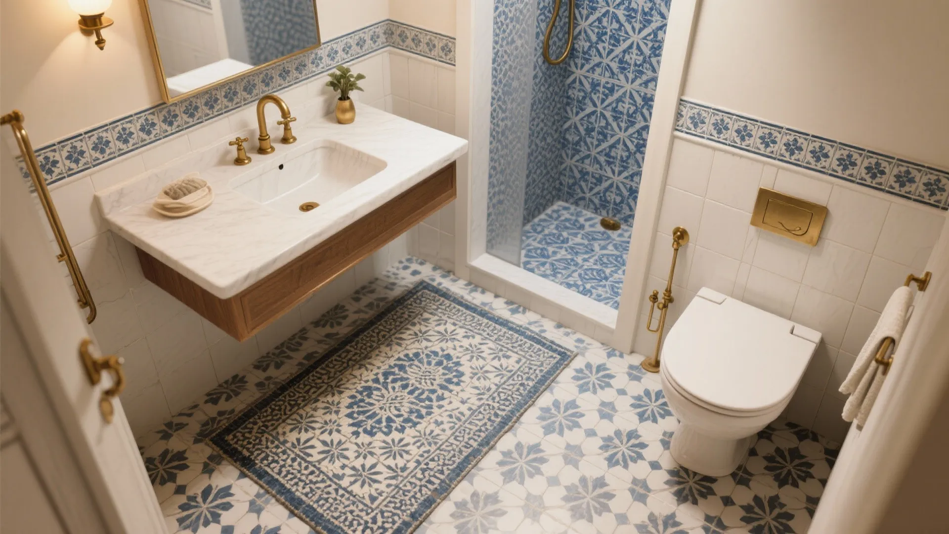 Bathroom with blue floral patterned floor tiles white toilet marble sink gold faucet and shower