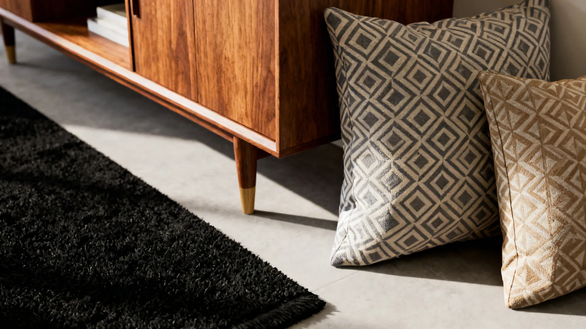 Geometric throw pillows and a mid-century sideboard softening the look of a black rug.