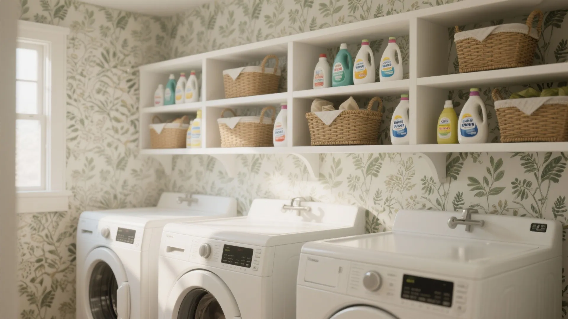 5. Patterned Wallpaper Behind Open Shelving
