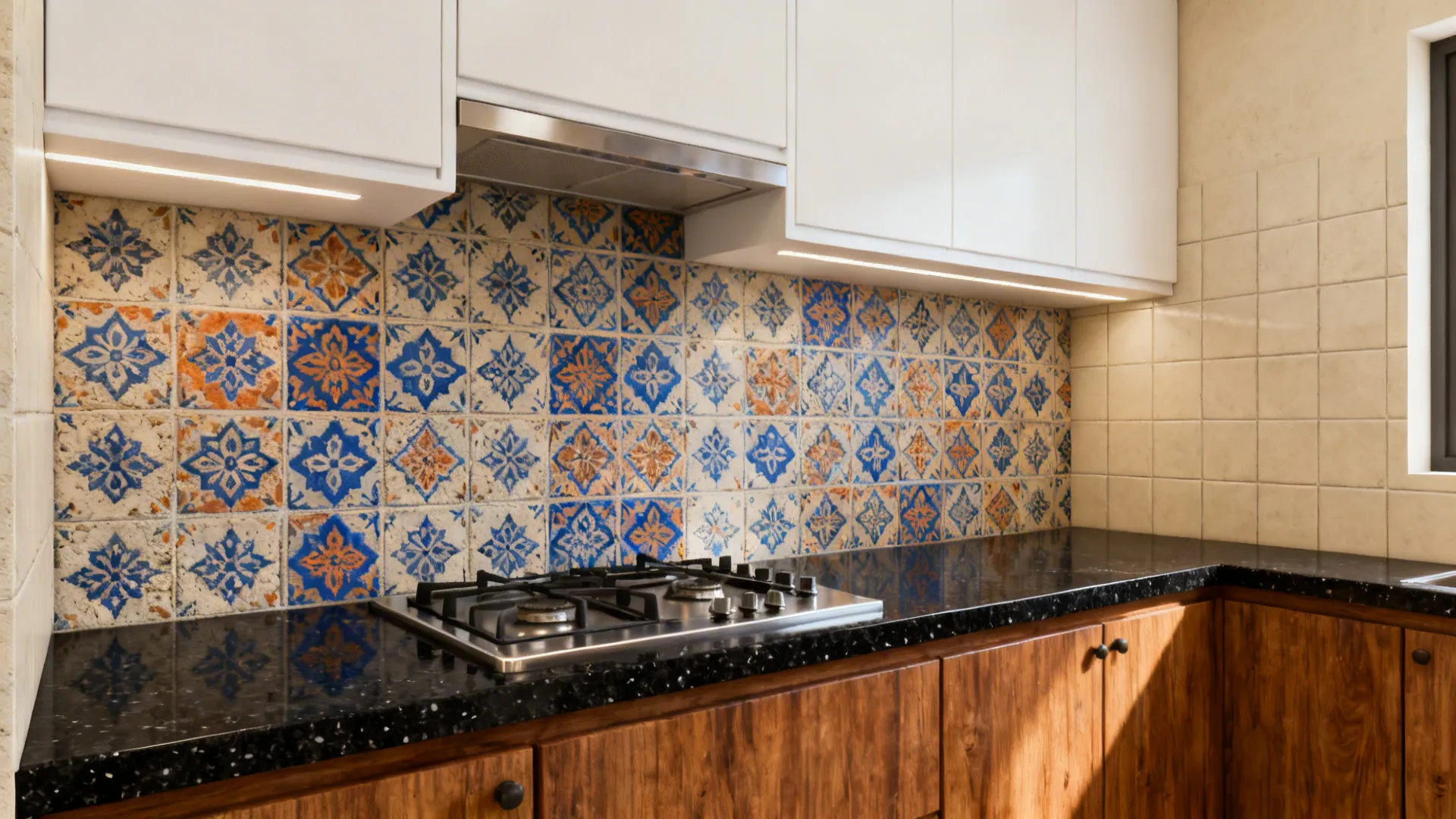 Blue and ochre patterned cement-look tile backsplash behind a hob in a compact cream-toned Indian kitchen.