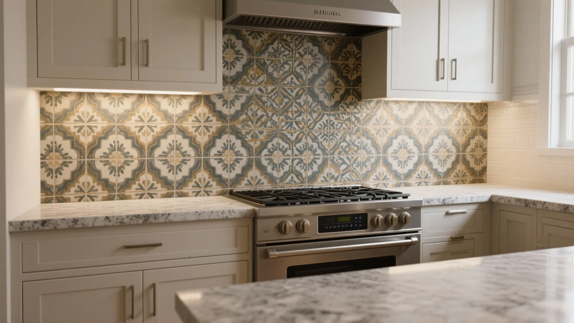 2. Bold patterned backsplash, neutral countertop