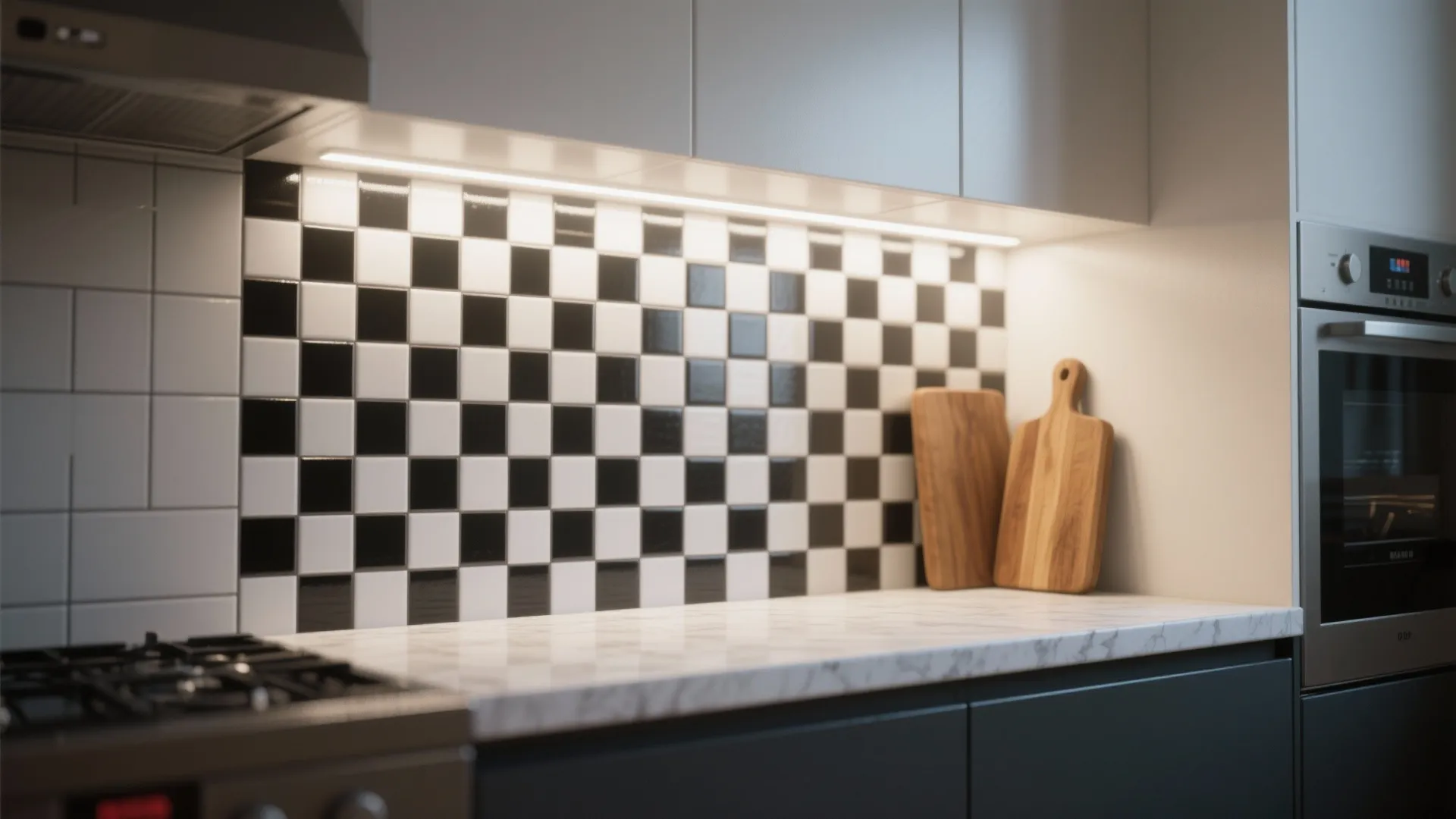 Modern kitchen with black and white checkered backsplash tiles marble countertop wooden boards and light fixture