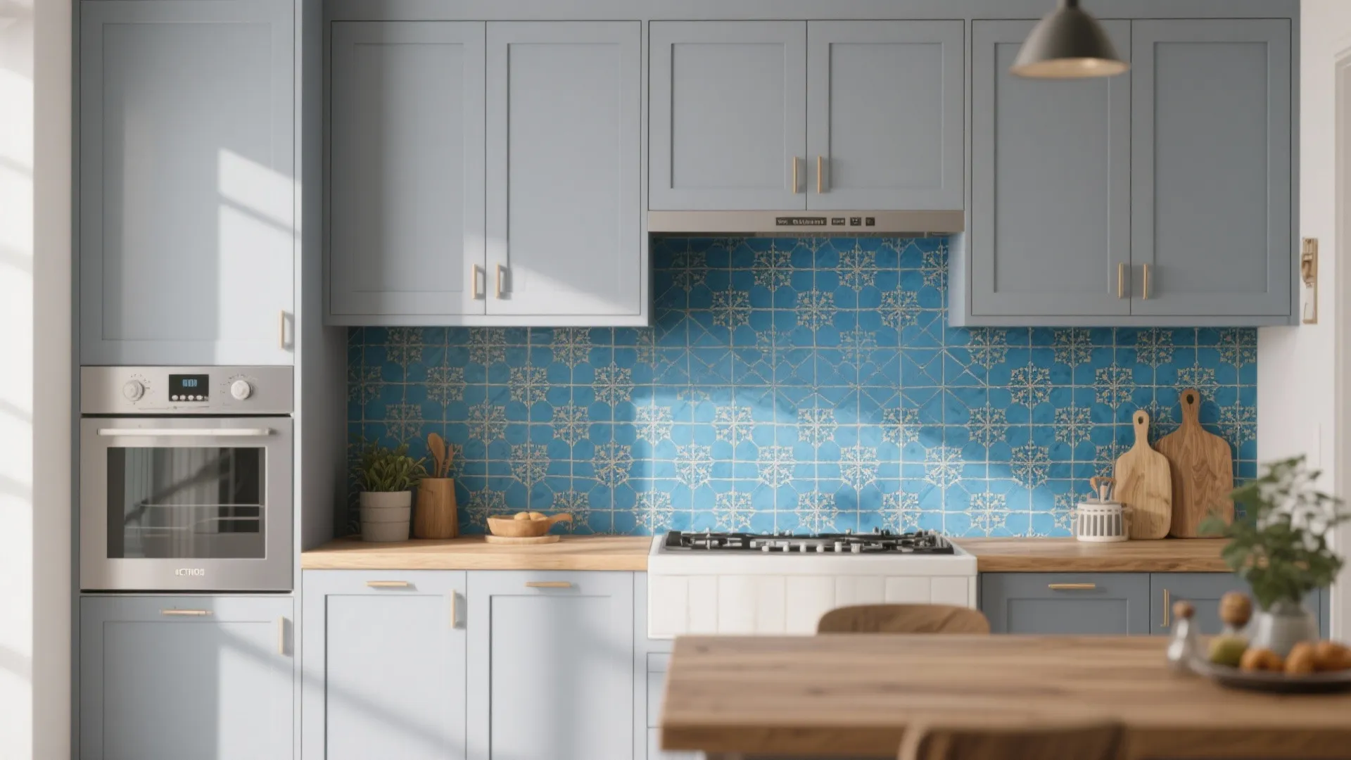 Modern blue kitchen with wood countertop blue patterned wall tiles light grey cabinets and oven