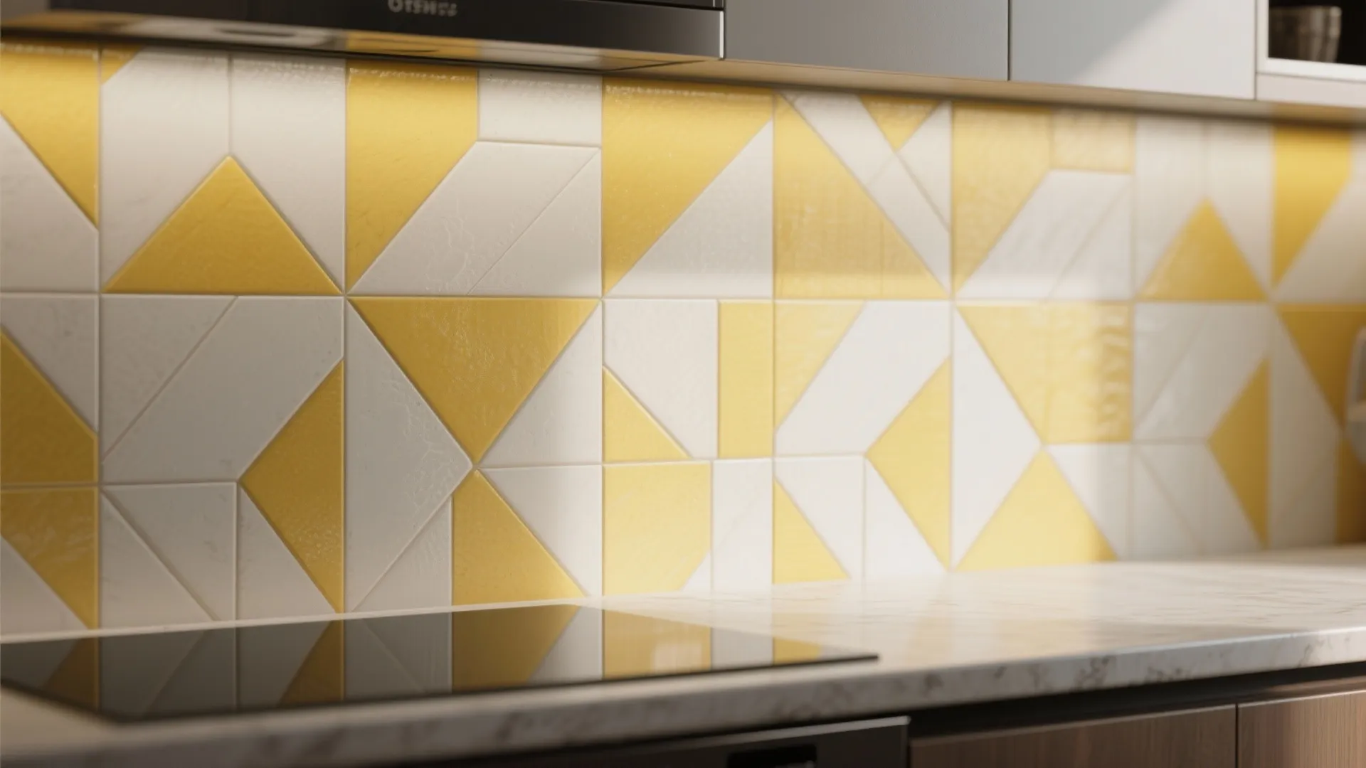 Geometric yellow-and-white backsplash tiles with minimal grout in a small kitchen