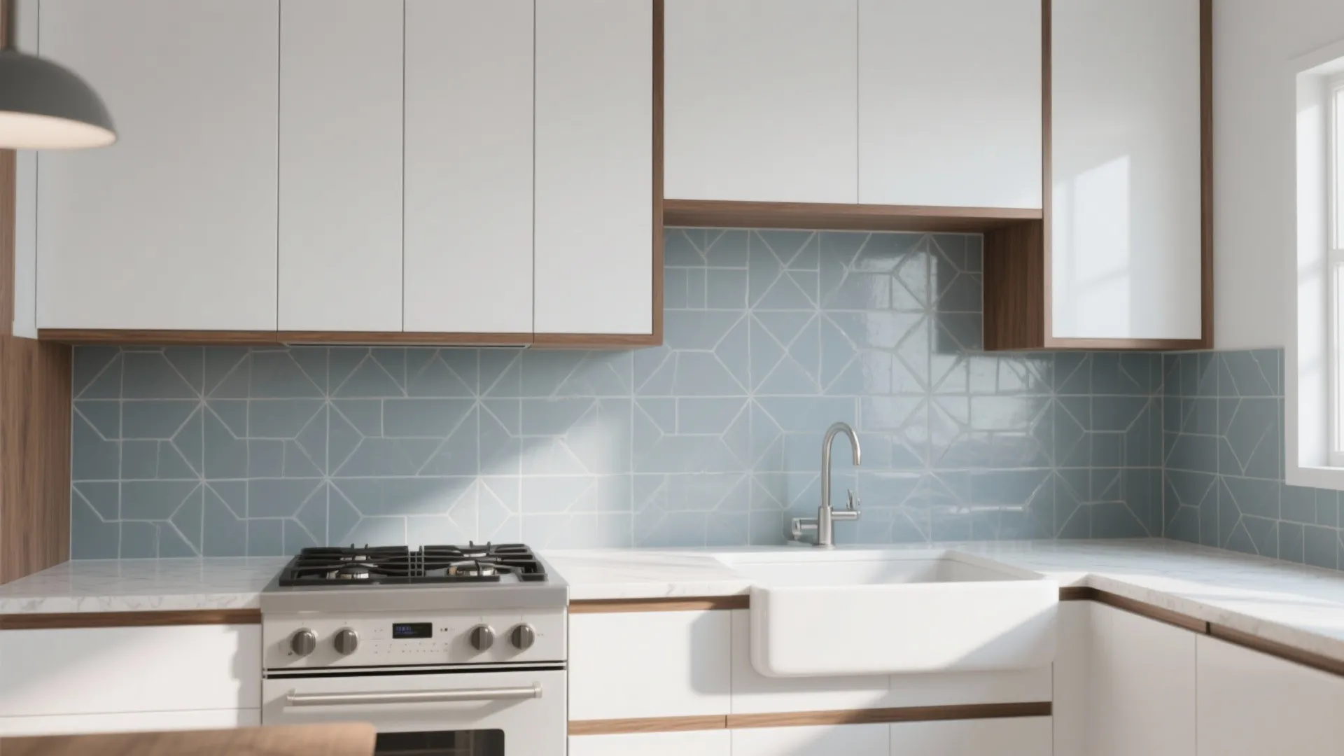 Geometric soft gray backsplash behind white cabinets and walnut accents