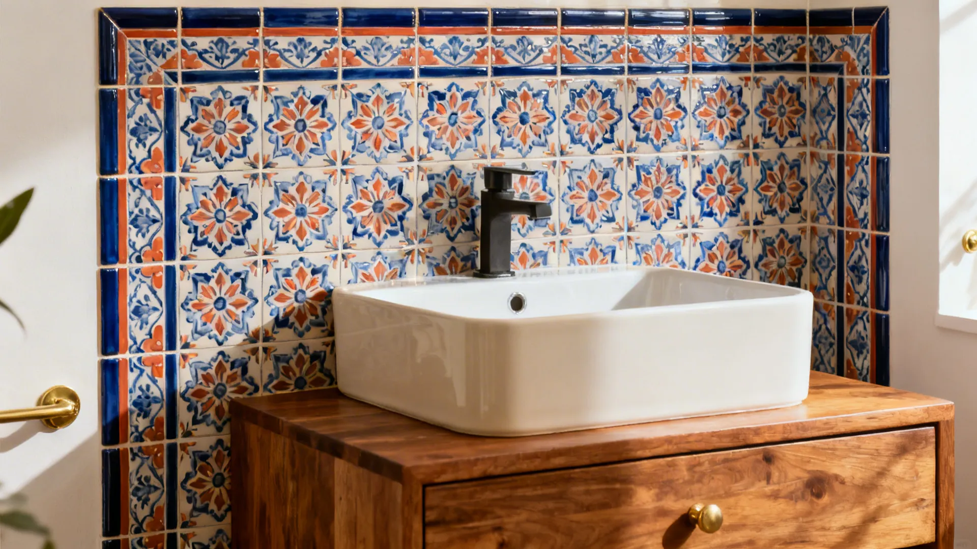 Neutral basin with a Jaipur-inspired patterned tile backsplash and neat trim edges.