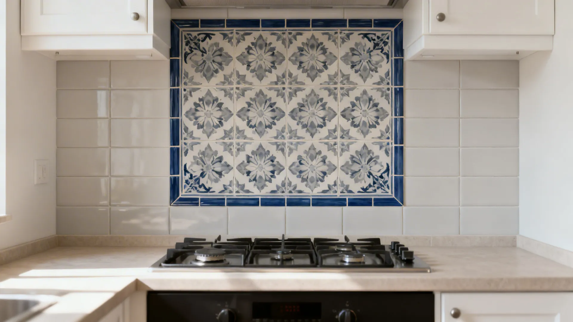 Framed panel of Indian-inspired patterned tiles creating a backsplash focal point.