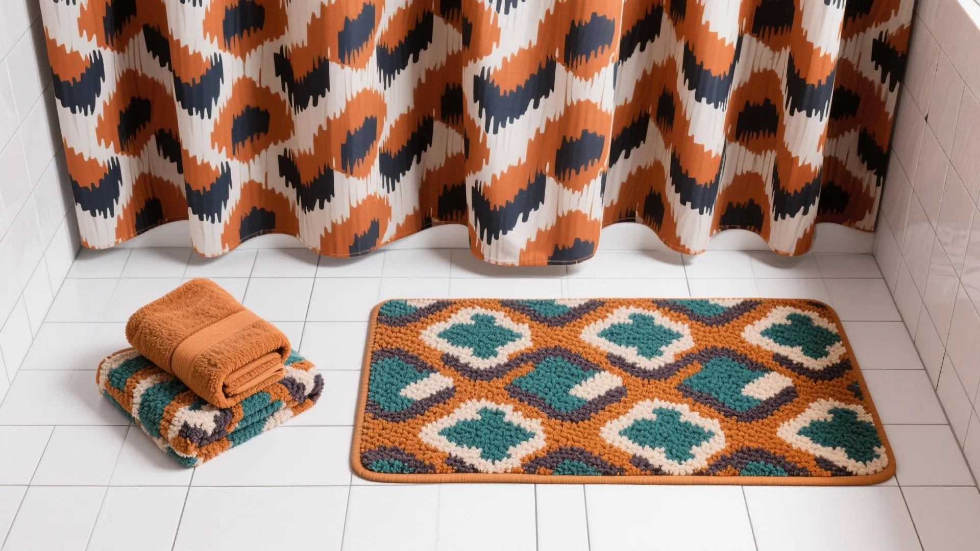 Orange and teal patterned bathroom mat on white floor tiles with matching towels and curtain