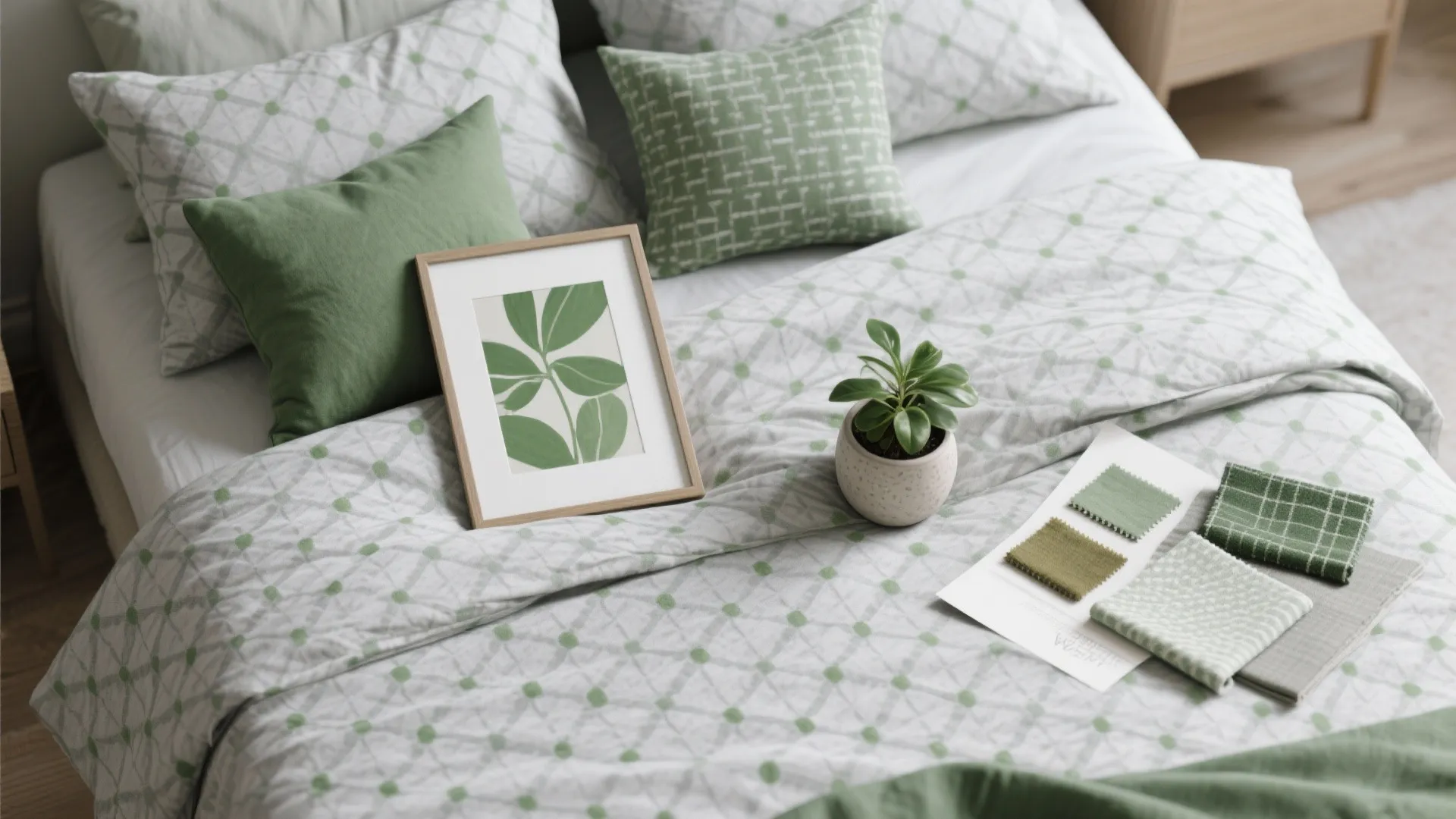 4. Patterned Bedding and Strategic Green Accents
