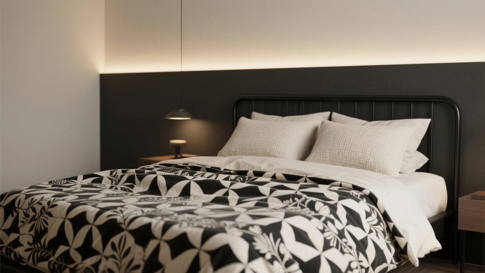 3. Use patterned bedding to soften the contrast