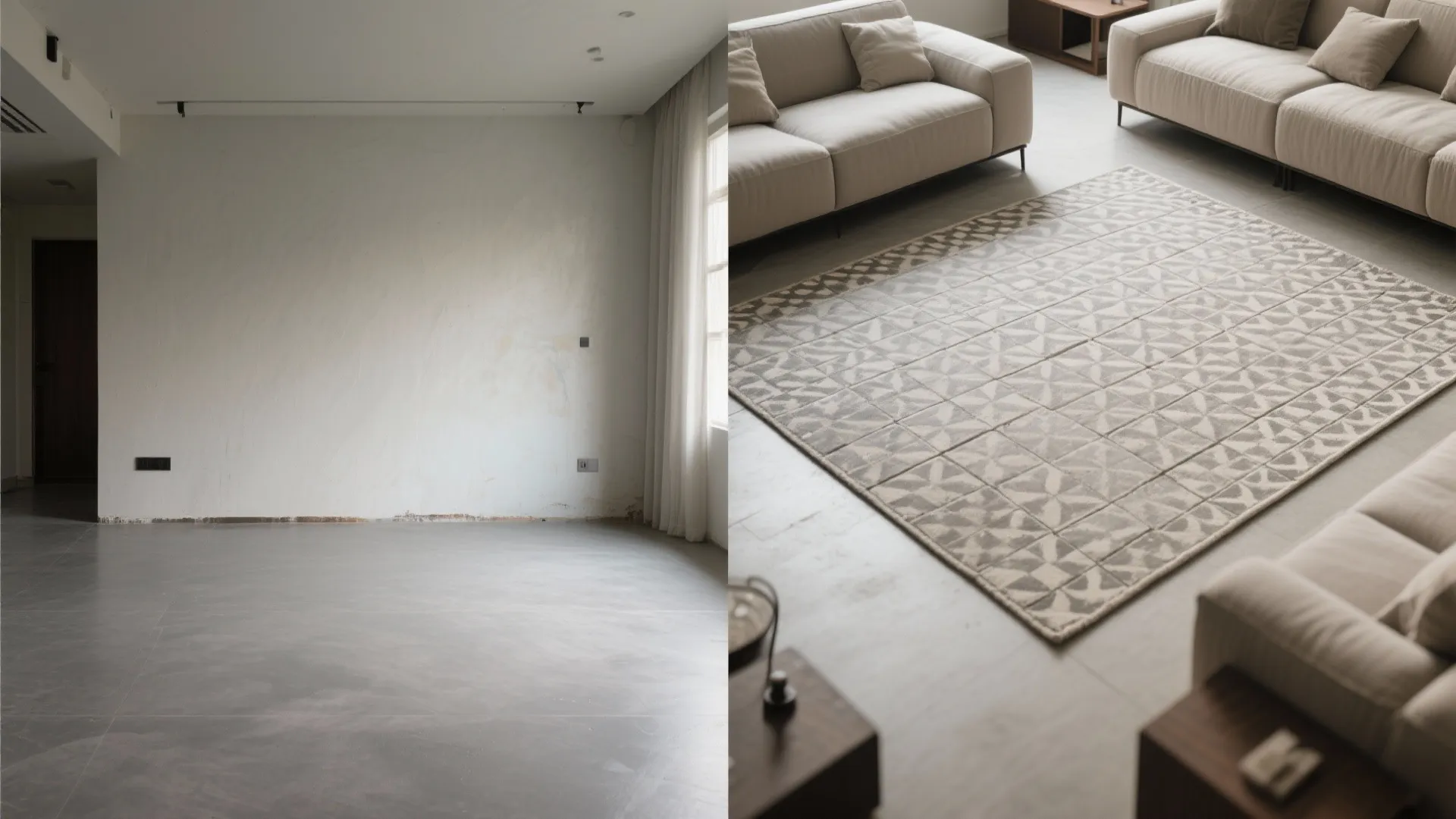 Before and after comparison of an empty grey room and a furnished living room with rug