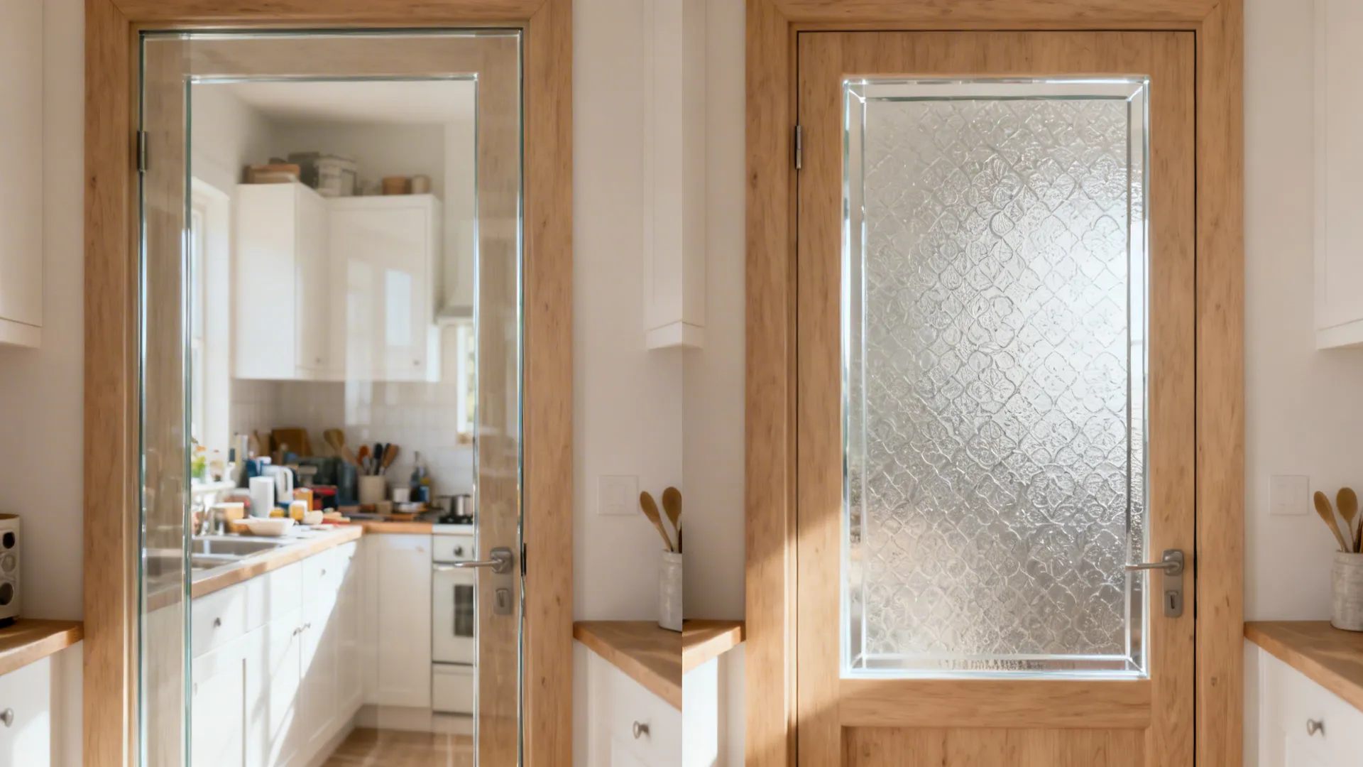 Before and after comparison showing a clear glass door versus a textured patterned frosted glass