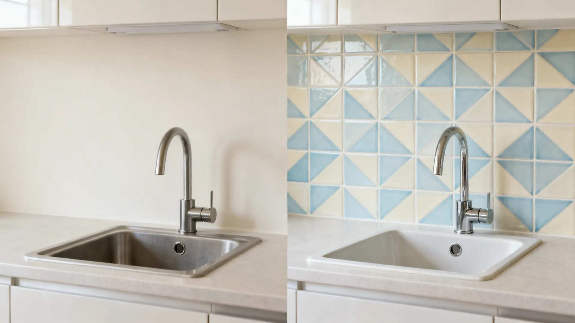 Before-and-after of a small kitchen wall transformed with a soft geometric patterned porcelain backsplash.