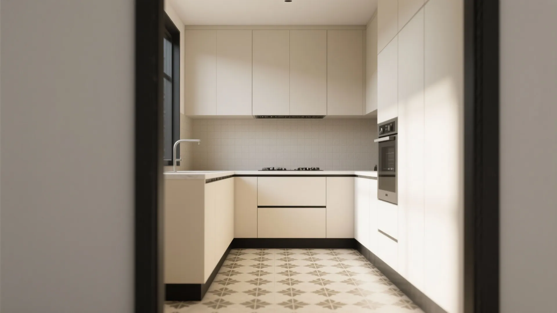Beige patterned tiles framed by thin black trim in a small kitchen nook