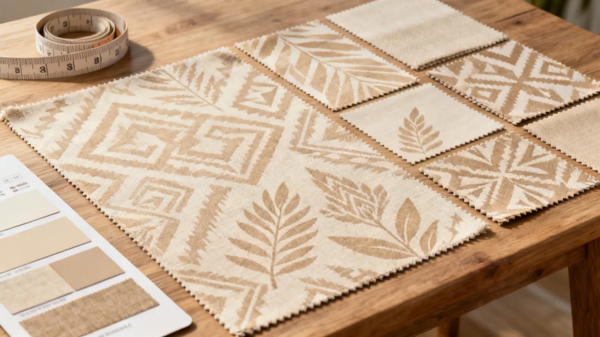 Tone-on-tone beige fabric swatches with geometric, botanical, and ikat motifs arranged on a table.