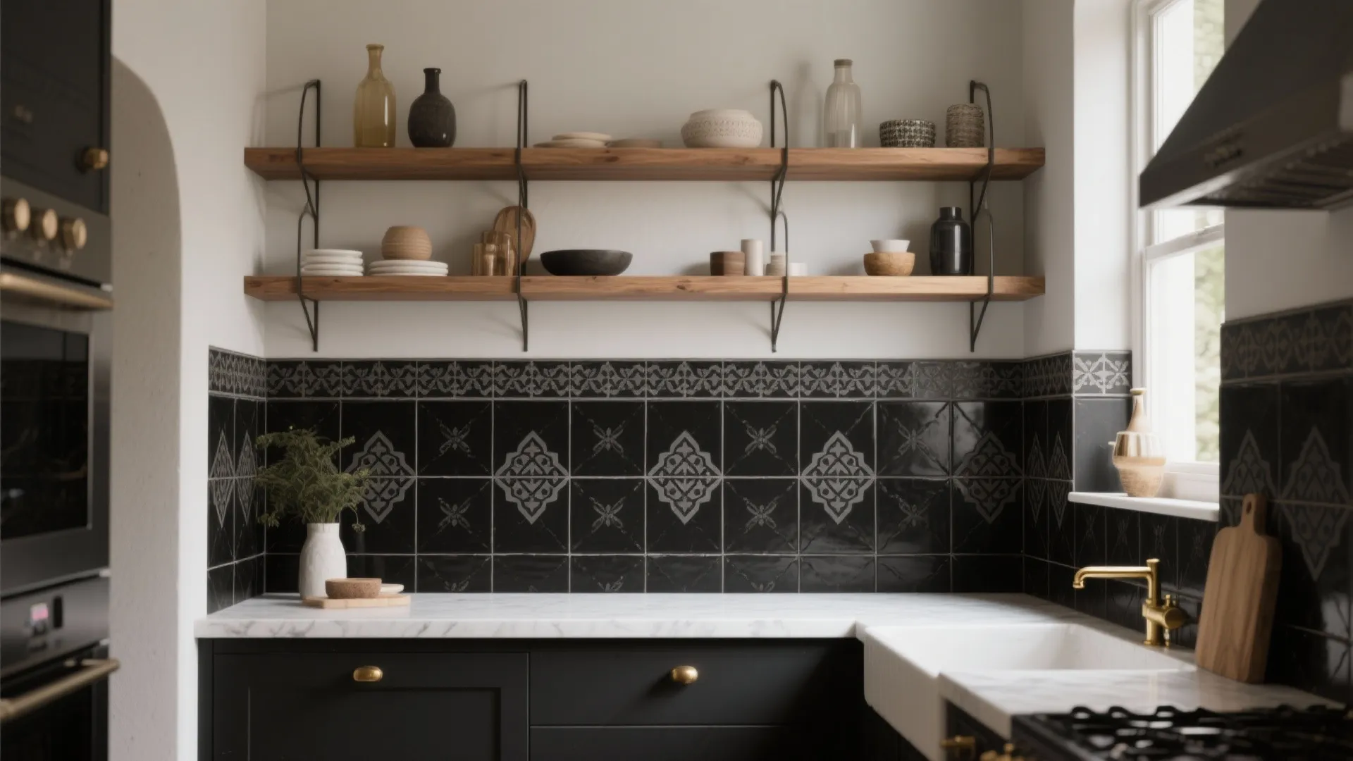 Kitchen area featuring black patterned wall tiles white marble countertop and open wooden shelves items