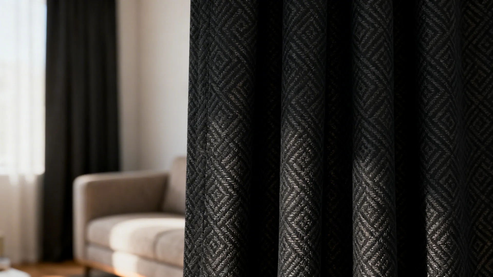 Close-up of patterned black curtain fabric showing jacquard texture