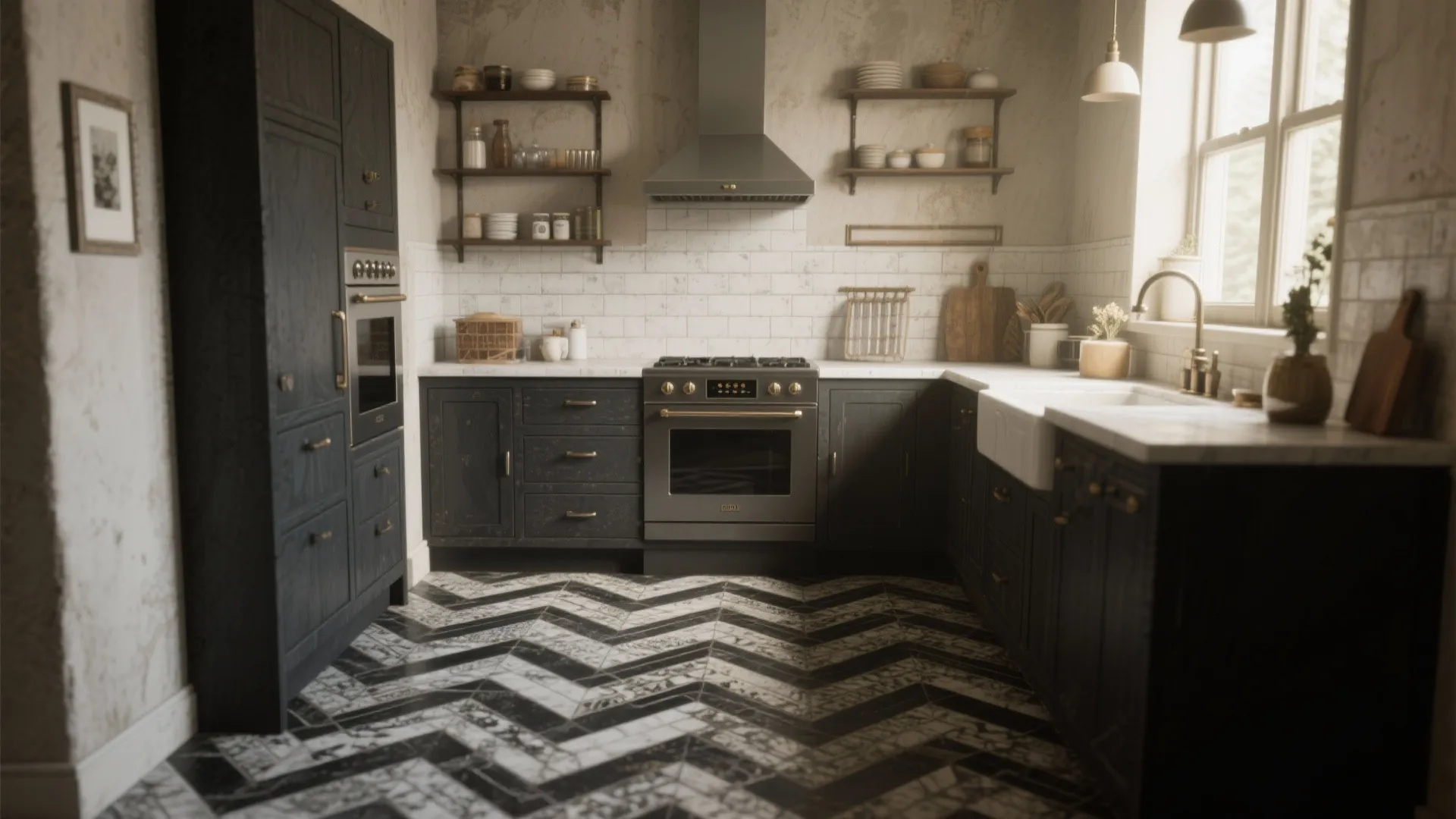Small kitchen with herringbone patterned black and charcoal tiles adding depth.