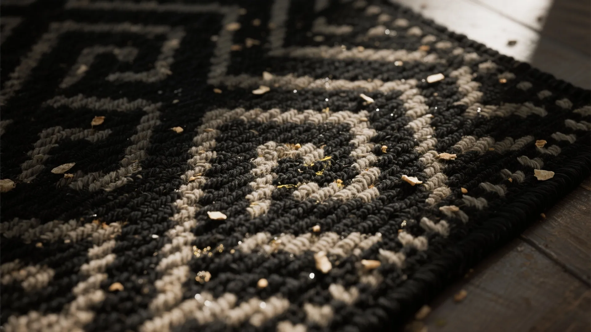 Close up view of a black and white patterned rug covered with small food crumbs