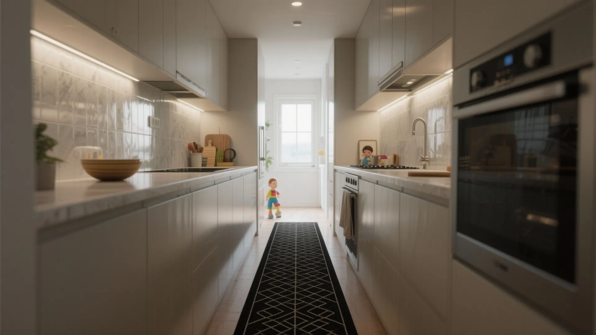 Narrow kitchen with a subtle geometric black runner and light reflective backsplash