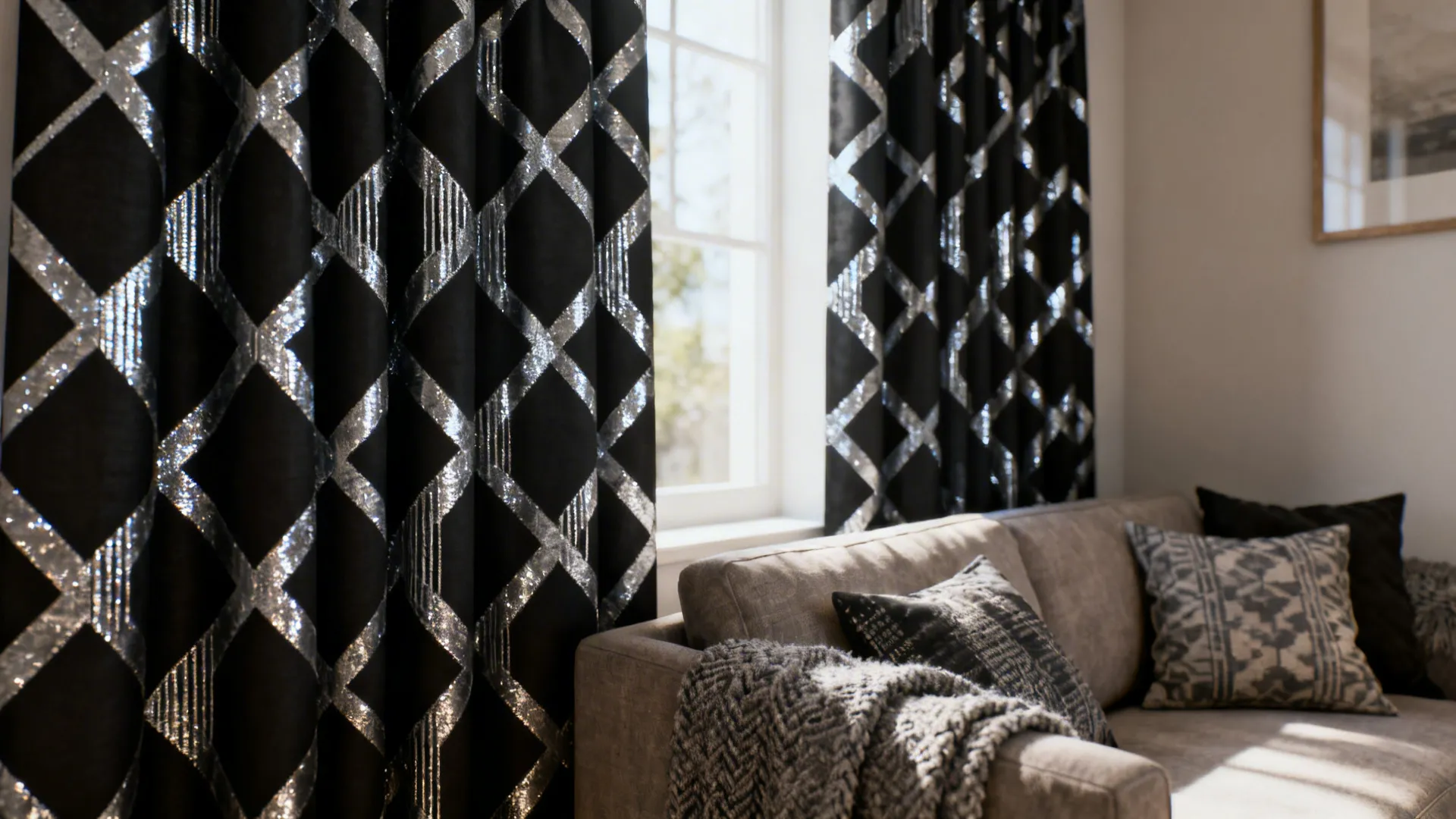Black and silver patterned curtain next to a window with a grey sofa and pillows