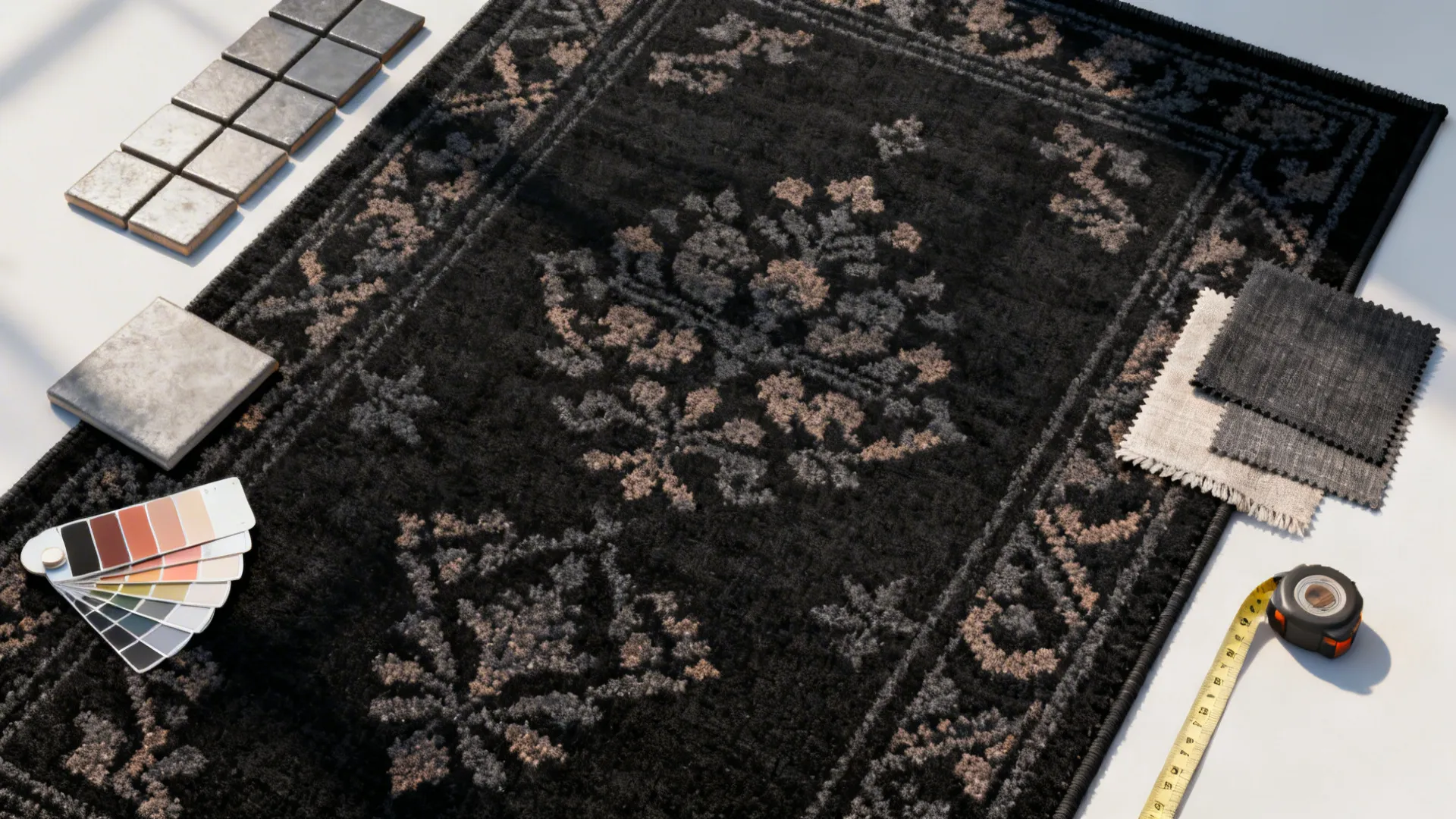 Top-down view of patterned black rug swatches and samples showing tone-on-tone motifs