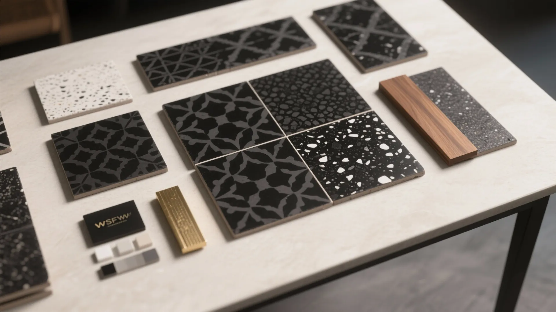 Flatlay of black encaustic and terrazzo tile samples with wood and brass accents.