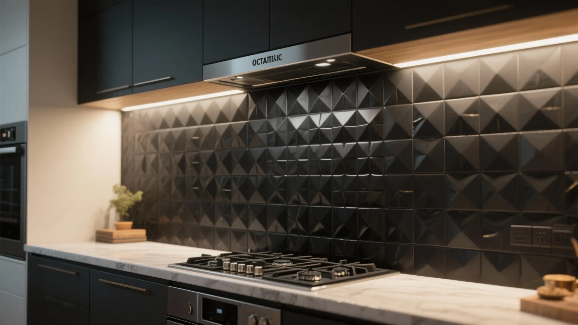 Kitchen focal area with embossed black geometric tiles above the stove adding sculptural texture.