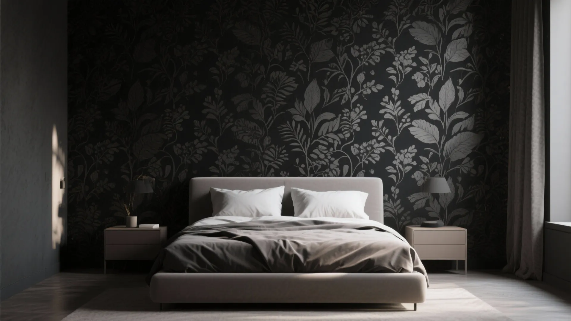 2. Patterned black wallpaper or mural behind the headboard