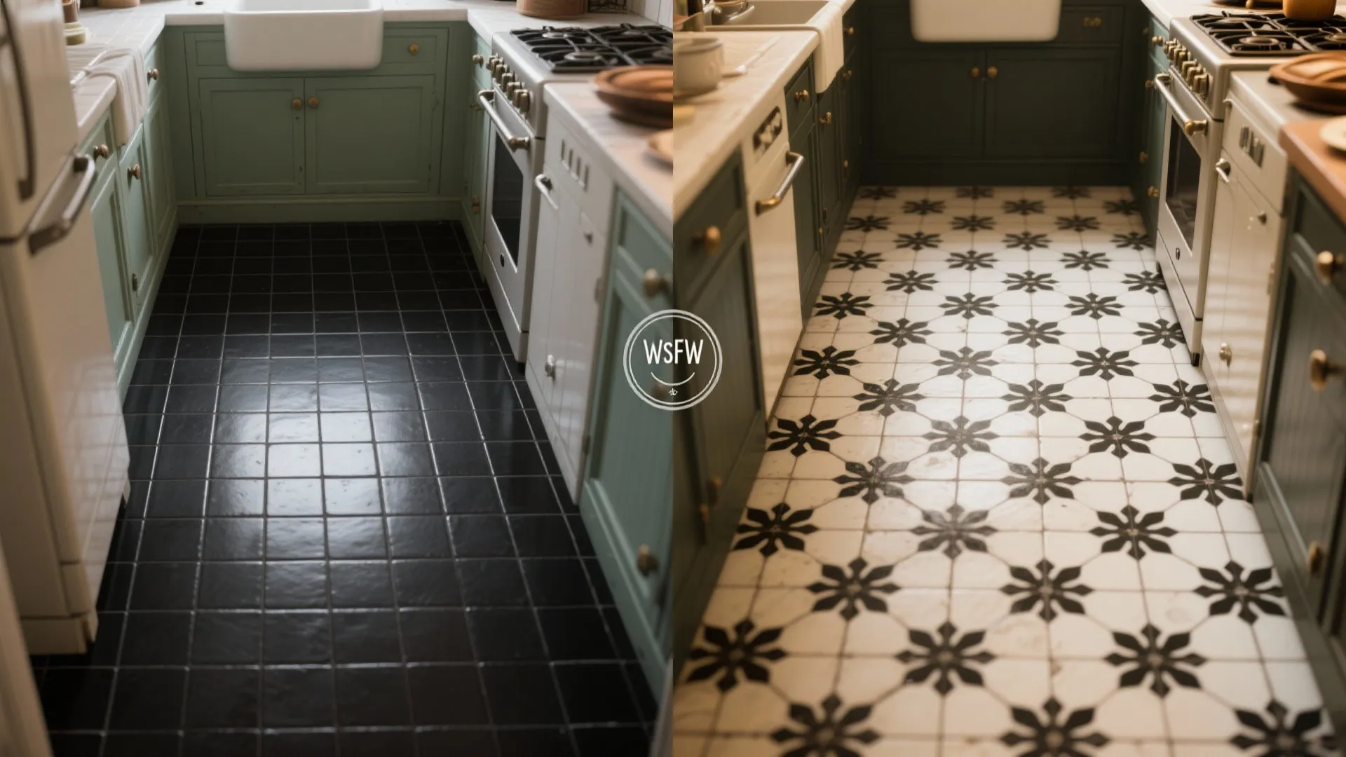 Before-and-after view showing plain black floor tiles versus patterned black-and-white encaustic tiles in a small kitchen.