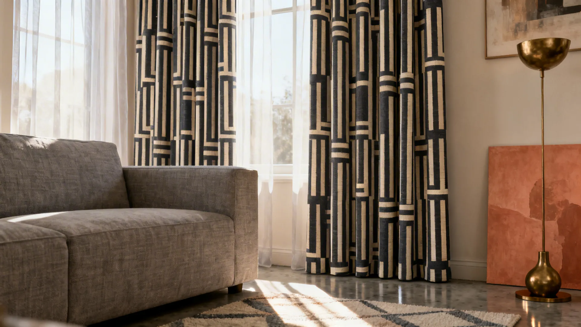 Small living room with geometric patterned blackout curtains that create a vertical lift effect.