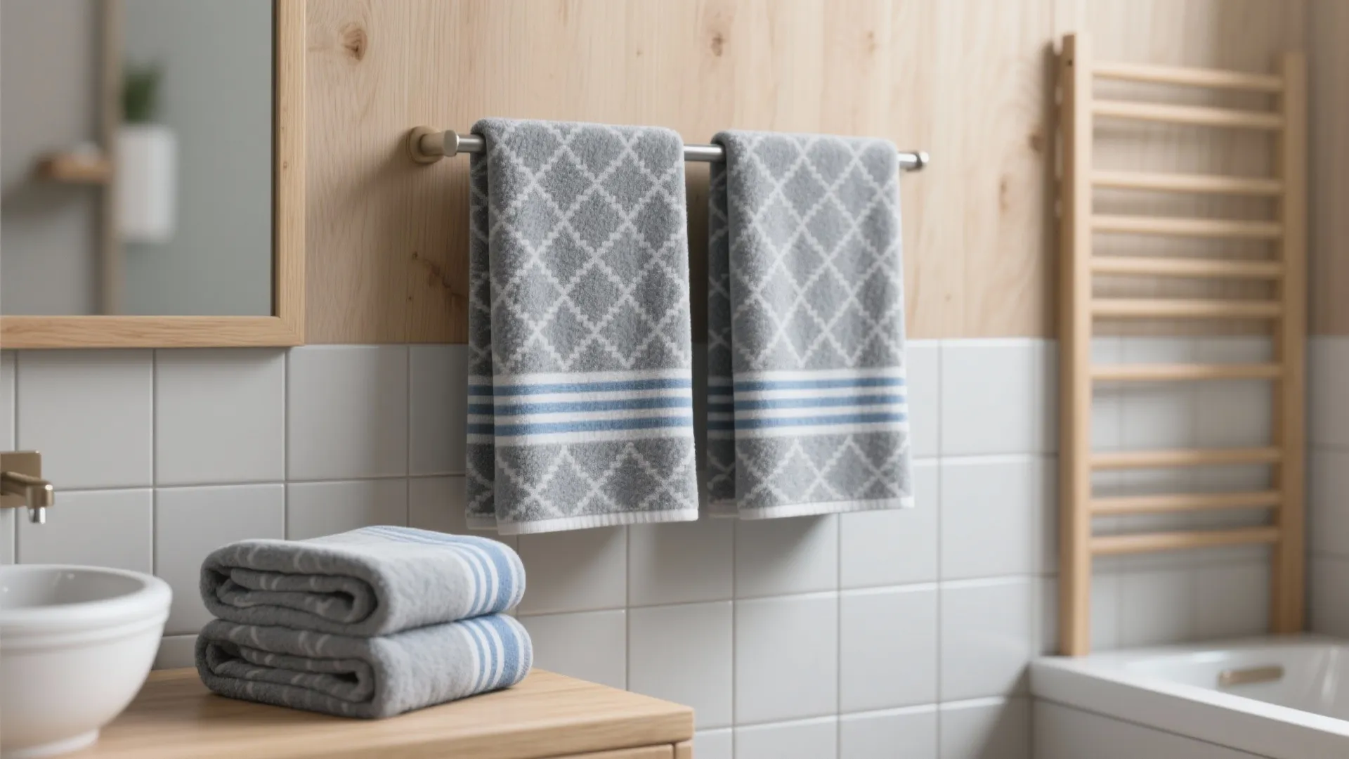 Bathroom interior showing patterned grey towels on a rail against wood and white tiled walls