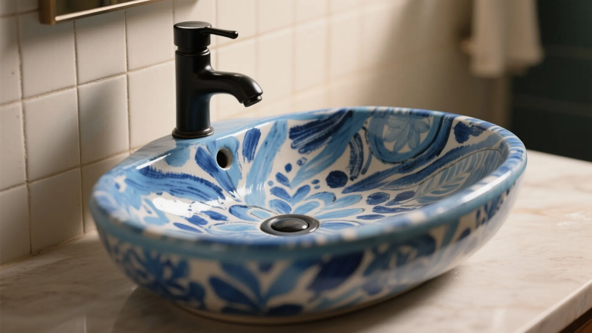 4. Patterned Blue Basin with Minimal Hardware