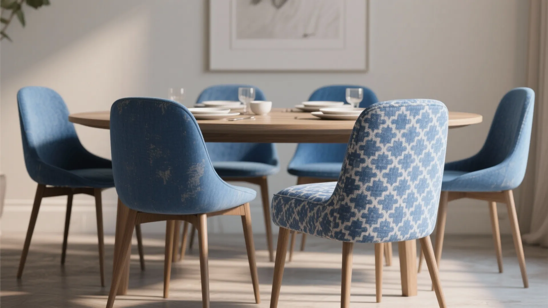 3. Patterned blue fabric chairs to add layered texture