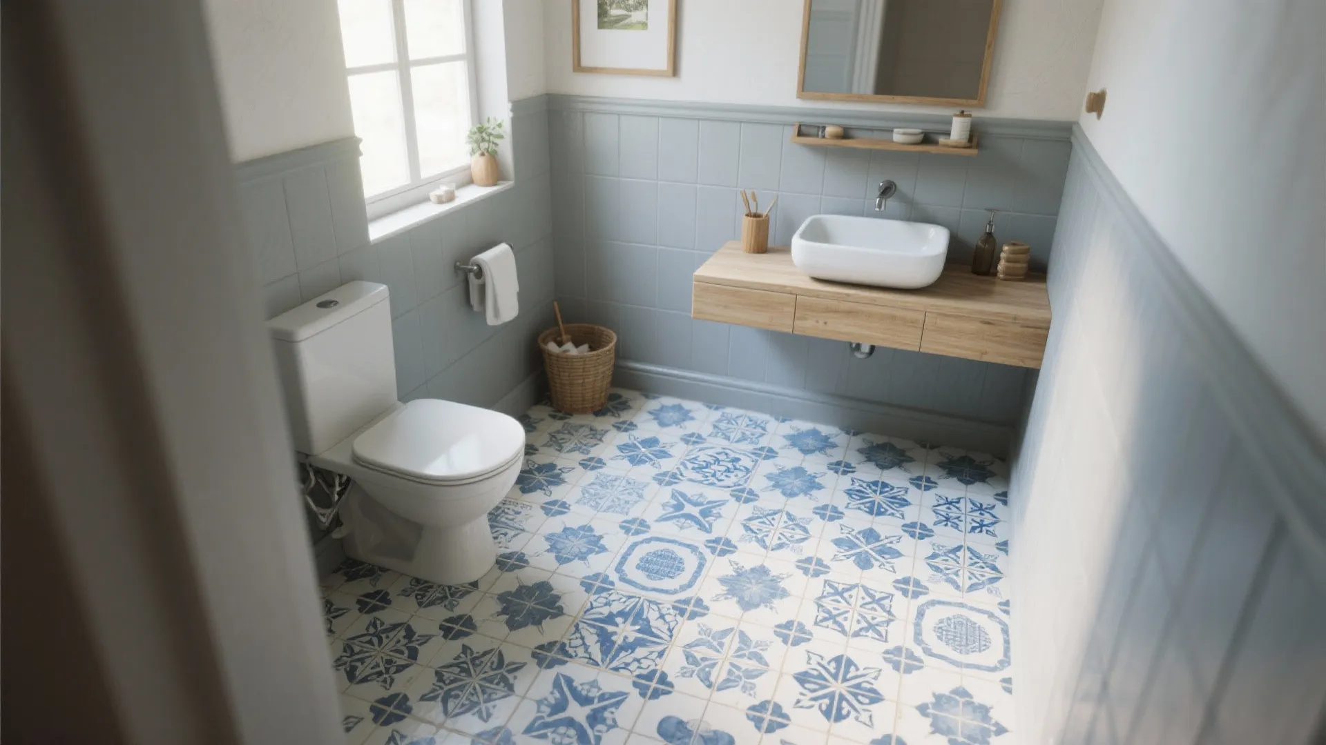 4. Patterned Blue Floor Tiles + Gray Walls