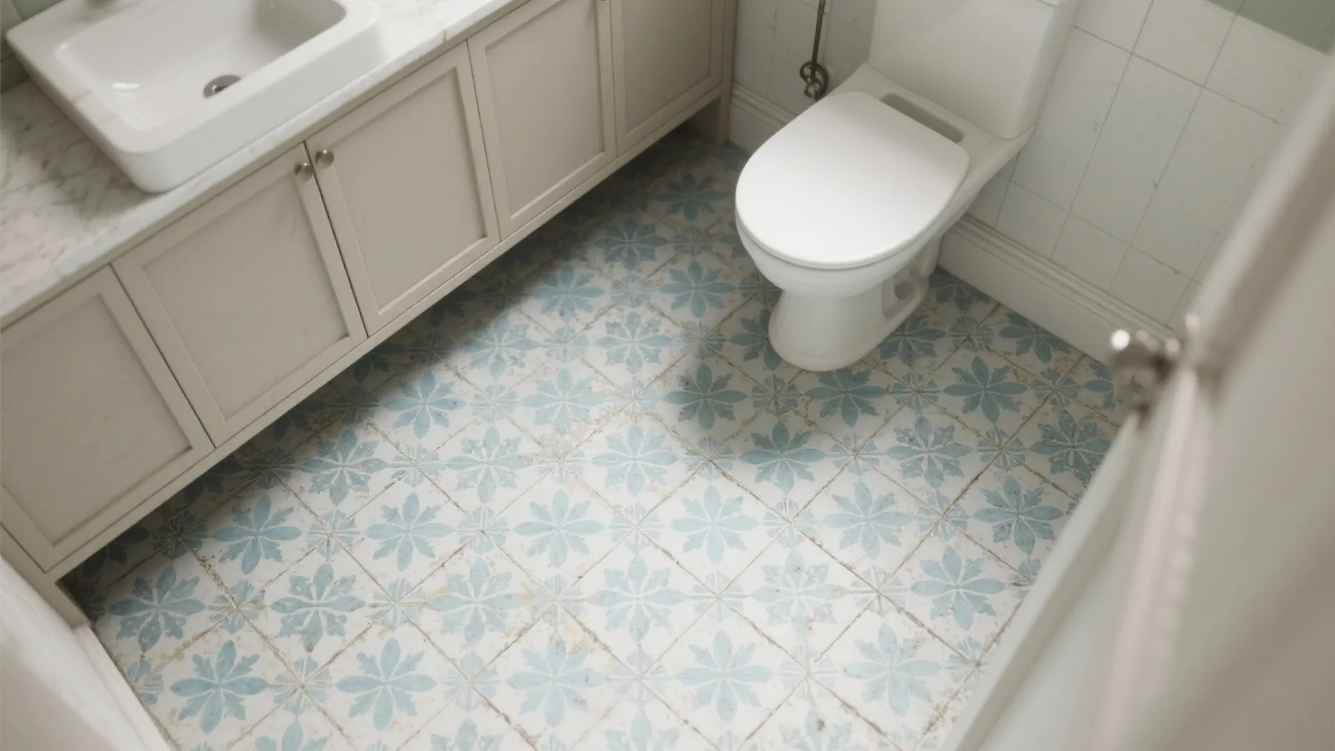 Bathroom floor with blue floral patterns white toilet white cabinet with sink top down view