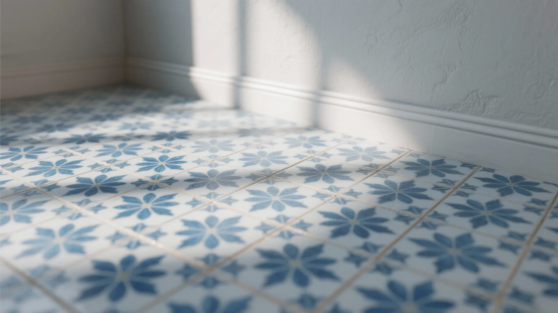 Blue patterned encaustic floor tiles with soft grey walls in a bathroom