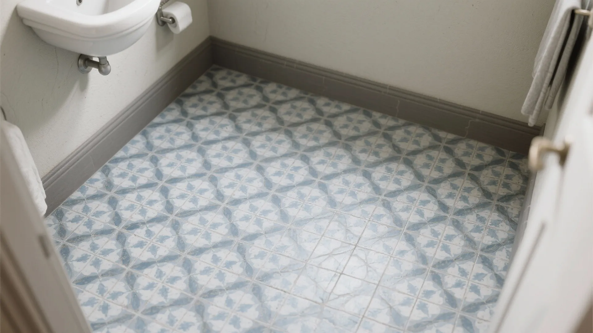 Bathroom corner showing blue patterned floor tiles with white sink and grey wall panel base