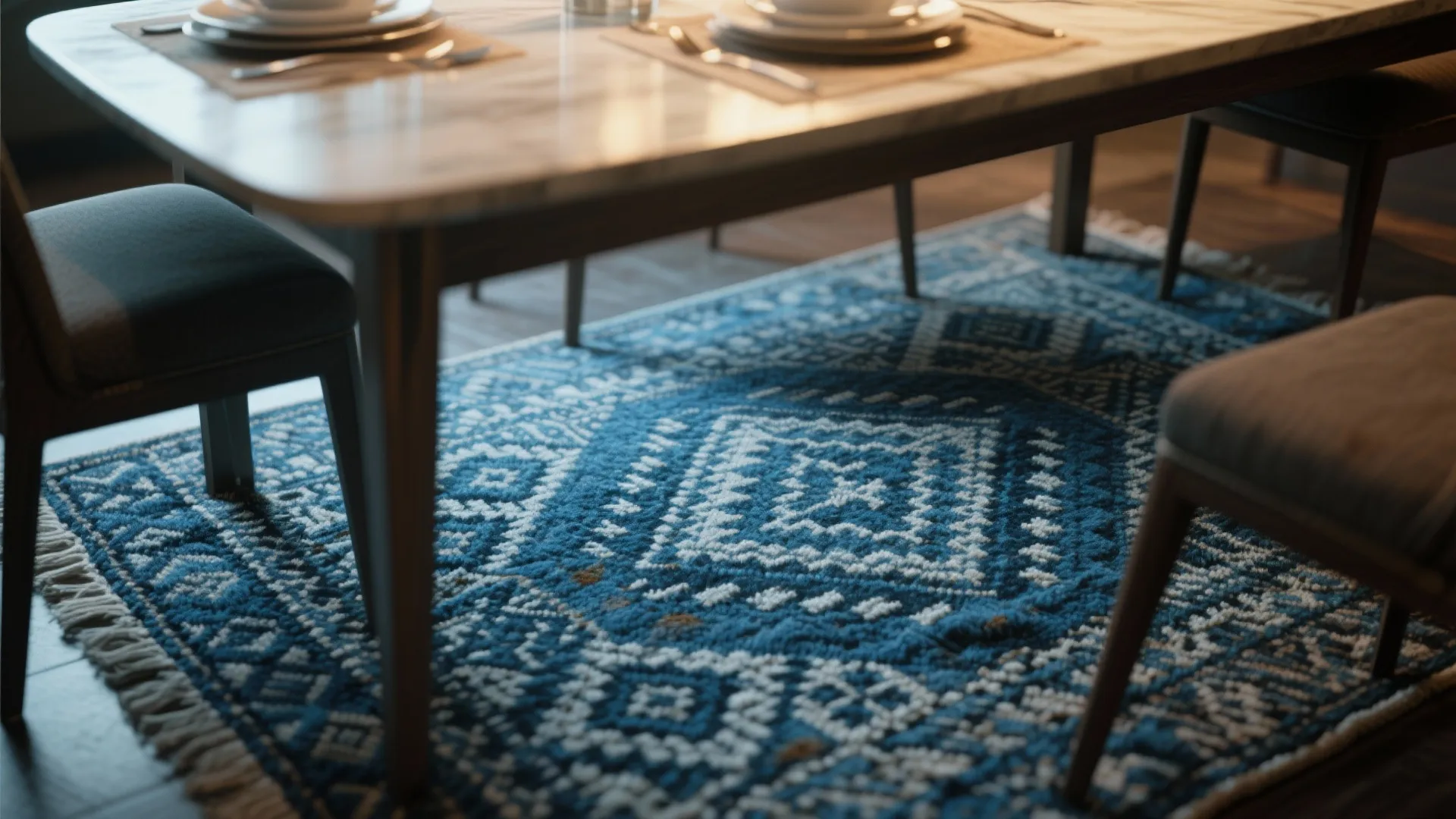 Close-up of a patterned blue rug with visible texture and pattern masking wear.
