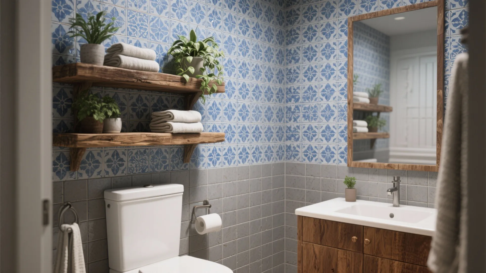 3. Patterned blue tiles + reclaimed wood shelf