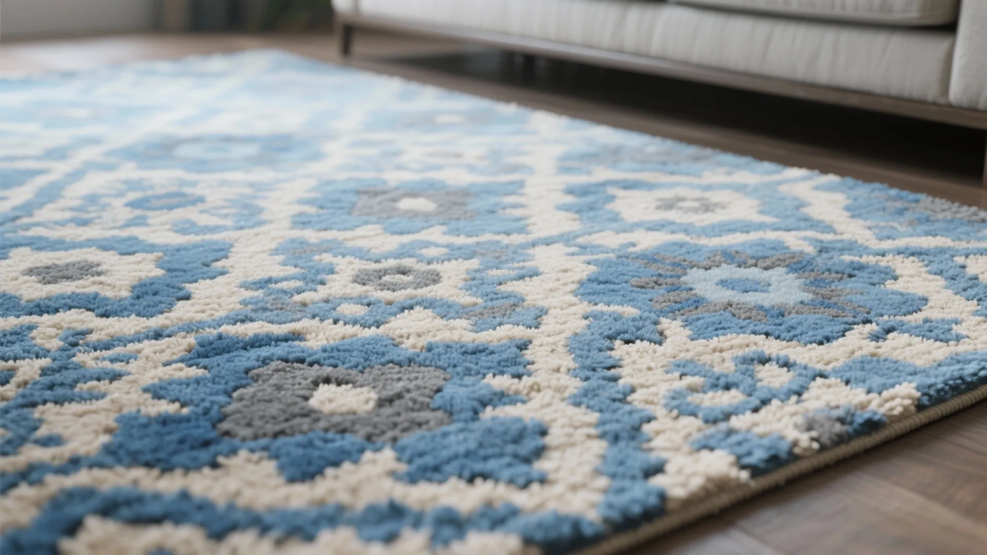 Close up view of a blue and white patterned rug placed on a dark floor