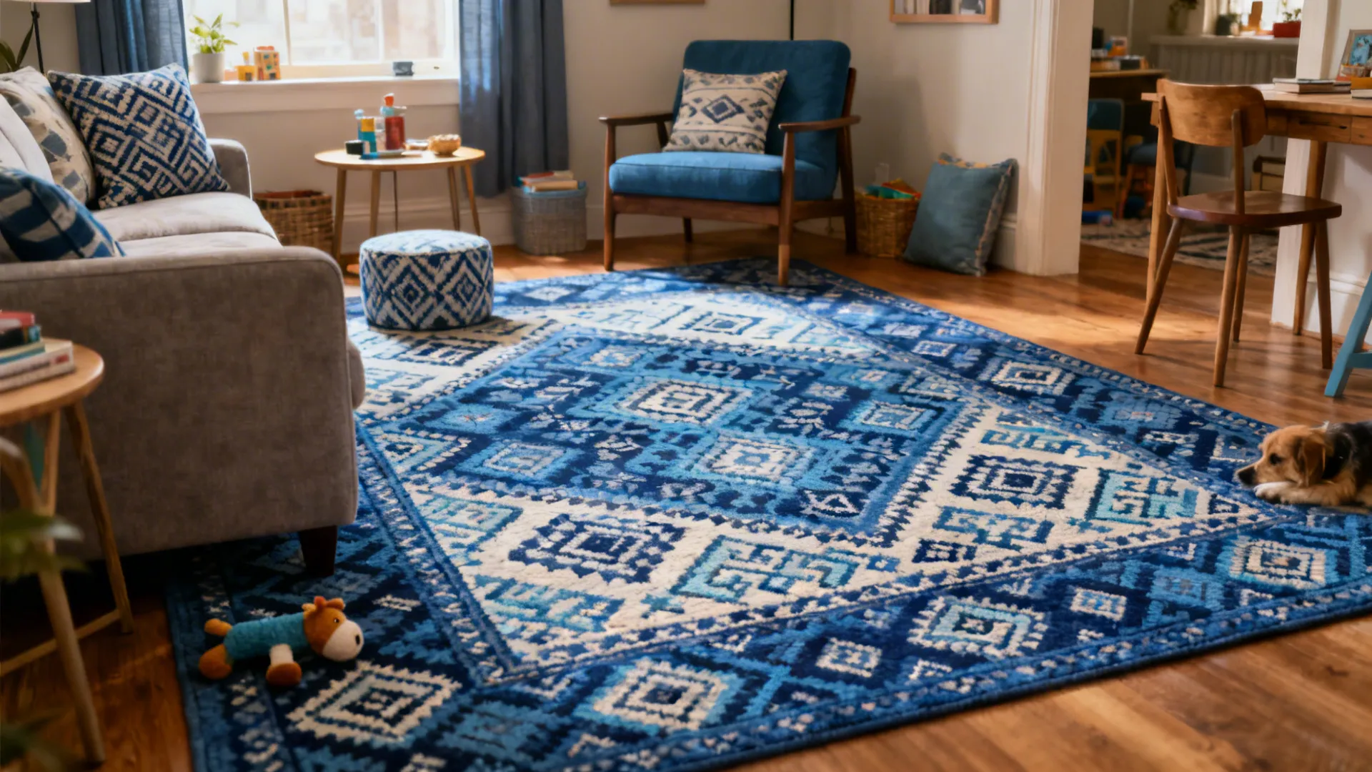 Small living room with a patterned blue rug blending multiple tones, mixed-material furniture