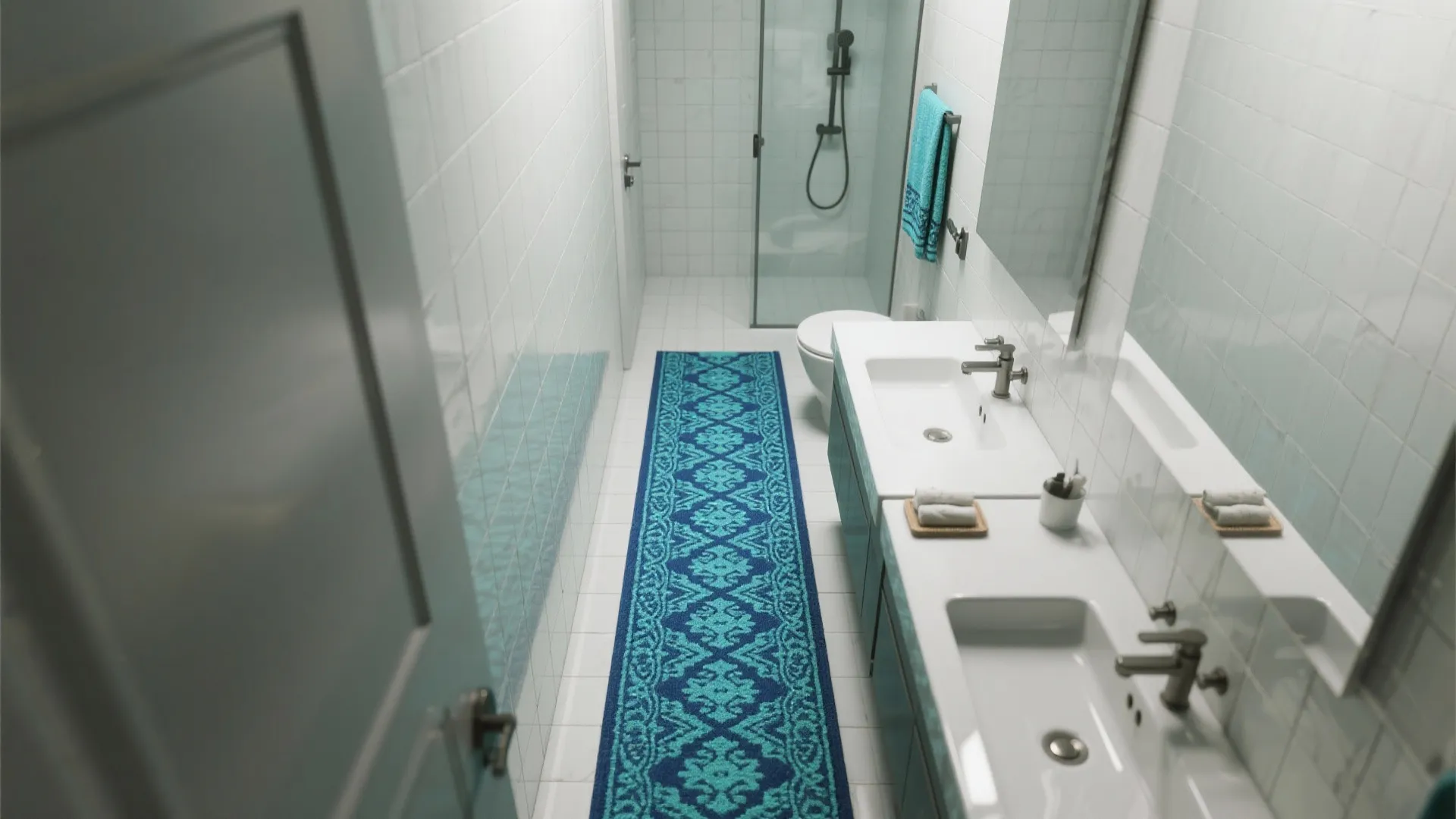 3. Patterned blue runner for narrow bathrooms