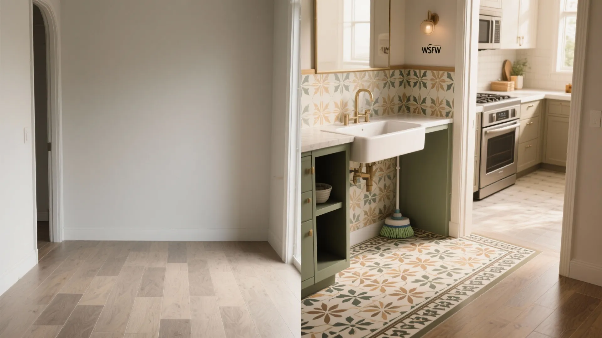 Before and after comparison of an empty room versus a kitchen area with patterned tiles
