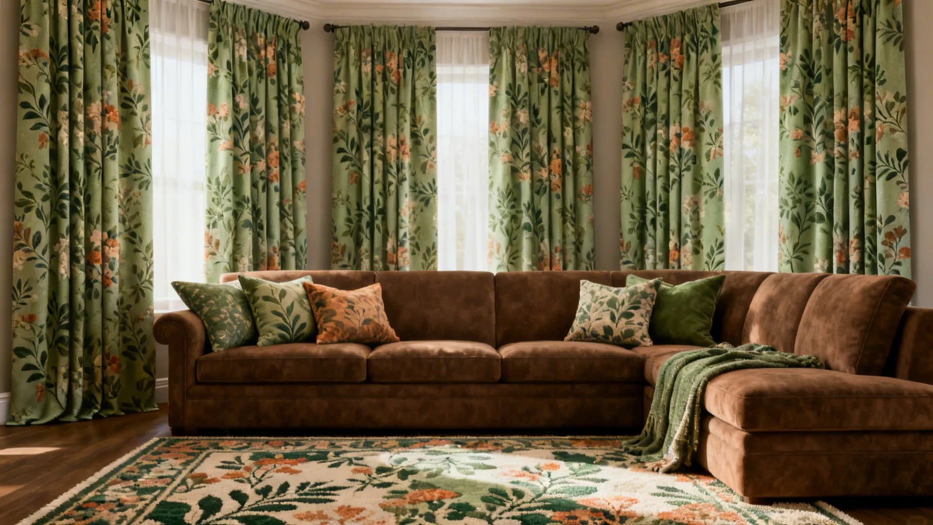 Brown living room with subtle botanical patterned curtains and matching accents.