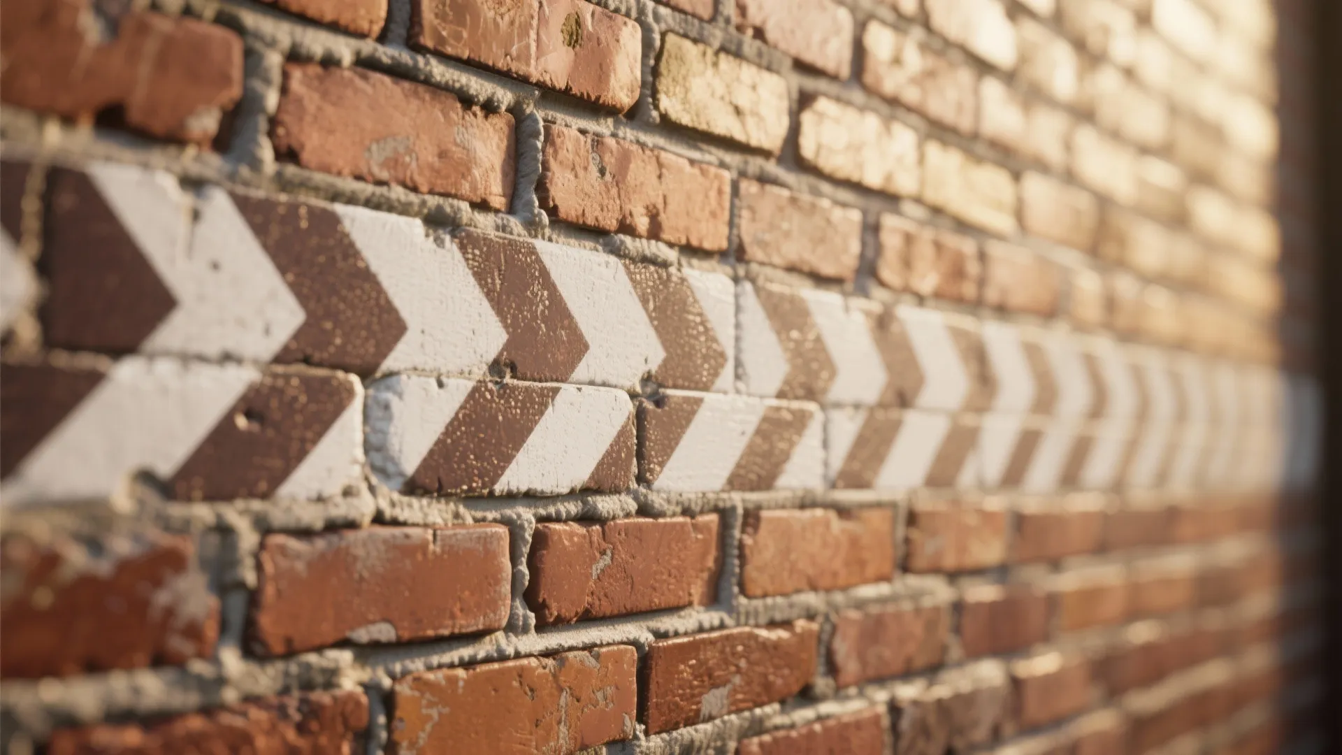 Red brick wall featuring a white arrow pattern painted across the surface in bright sunlight