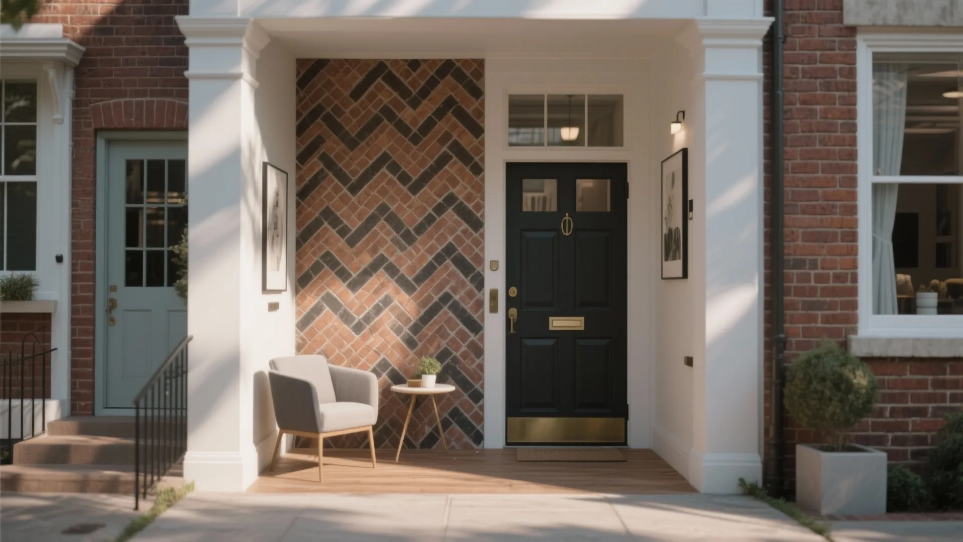 House entrance with black door patterned brick wall grey chair small side table and white pillars