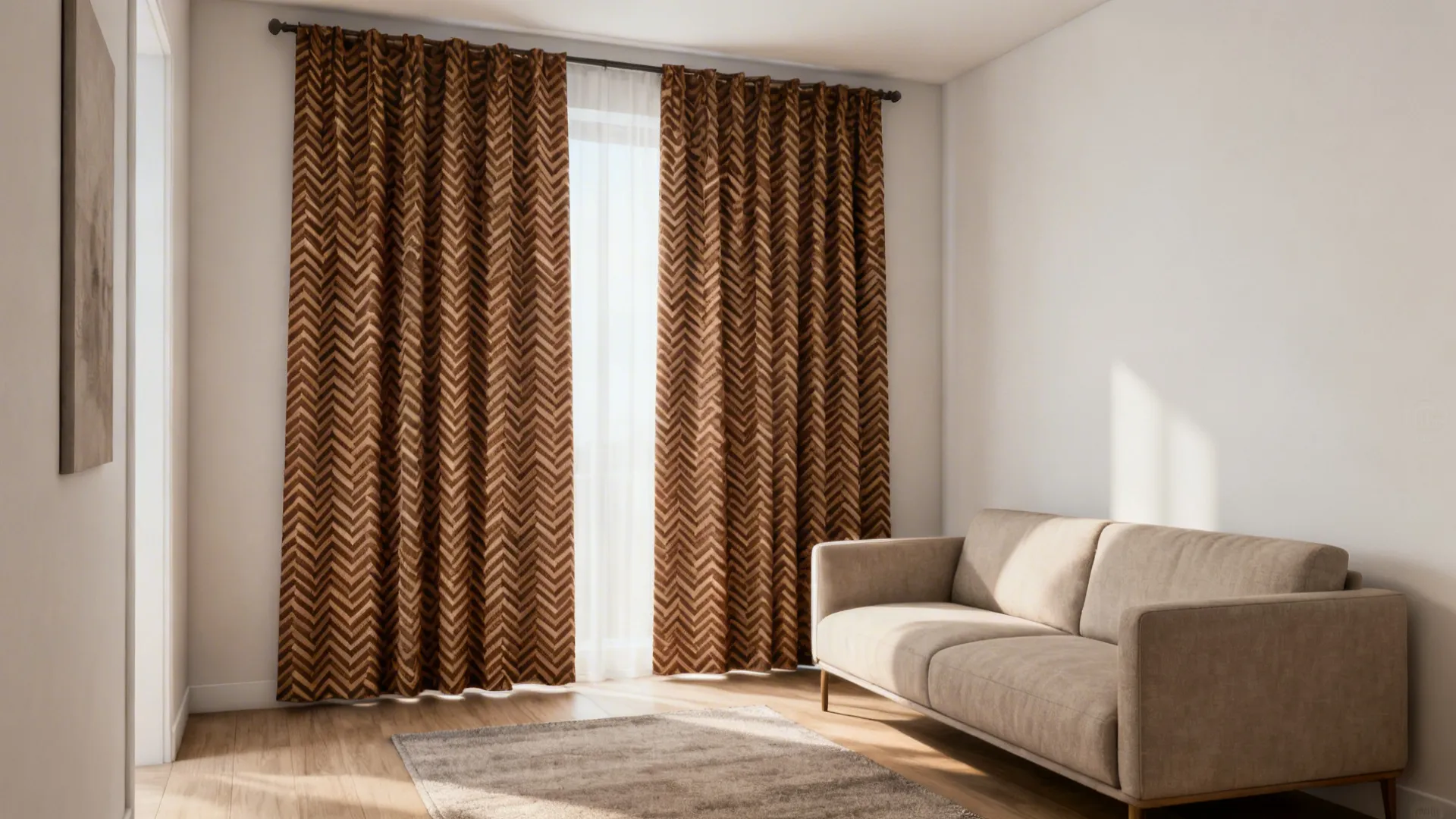 Small living room with patterned brown geometric curtains acting as focal art.