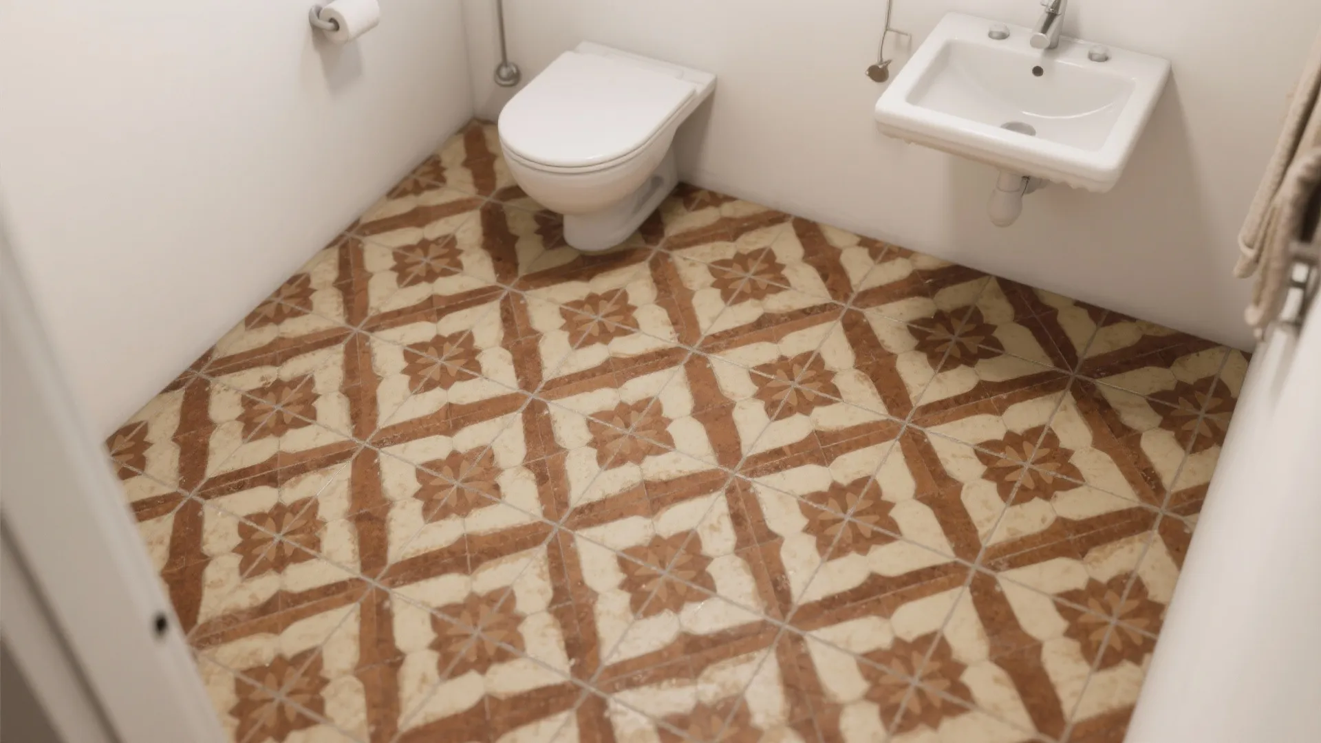 4. Patterned brown floor tiles with plain white walls